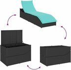 Folding Sun Lounger with Cushion and Storage Black Poly Rattanpatio Tanning Chair Camping Chairs Recliner Suitable for Garden Courtyard