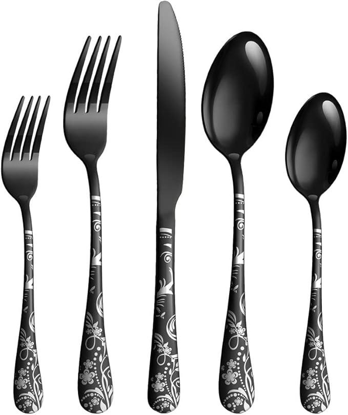 Black Silverware Flatware Cultery Set for 6 ，Unique Stainless Steel Cutlery Utensils Set with Steak Knives ，30 Pieces Tableware Set for Home Kitchen Restaurant Hotel, Dishwasher Safe