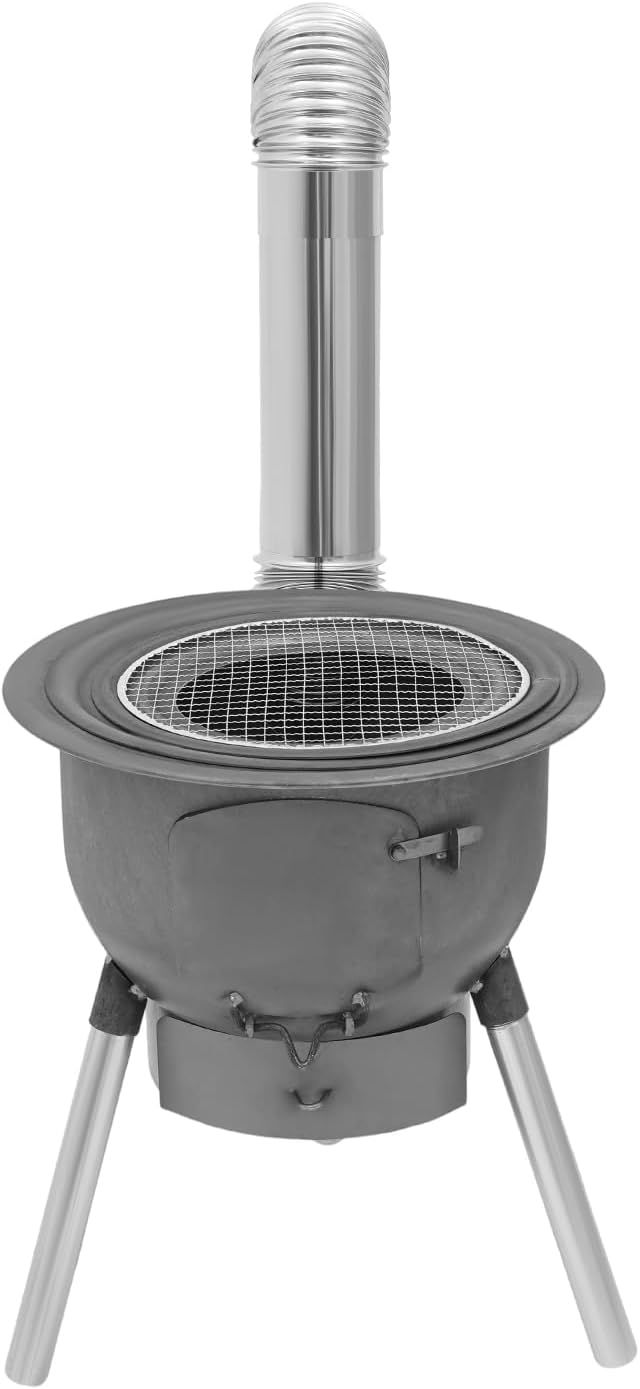 Wood Burning Stove with Grill Rack, Portable Camping Rocket Stove Chimney Charcoal Grill & 3 stove rings, for Outdoor Backyard Cooking, Picnic and Barbecue (Silver+Grey, 16.9 in)