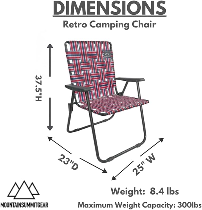 MOUNTAIN SUMMIT GEAR Retro Webbed Camping Chair - Lightweight, Foldable, Durable Steel Frame, 300lb Capacity, Vintage Stripes by Caddis Sports (4, Red/Blue)