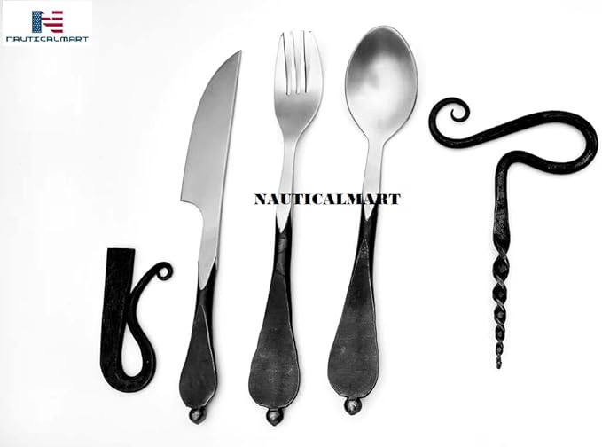 Nautical-Mart Medieval Five-Piece Cutlery Set (Hand Forged Dinning Set, Carbon Steel, 5 Pieces, Knife, Fork, Spoon, Bottle Opener, Fire Striker Steel, Leather Pouch)
