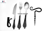 Nautical-Mart Medieval Five-Piece Cutlery Set (Hand Forged Dinning Set, Carbon Steel, 5 Pieces, Knife, Fork, Spoon, Bottle Opener, Fire Striker Steel, Leather Pouch)