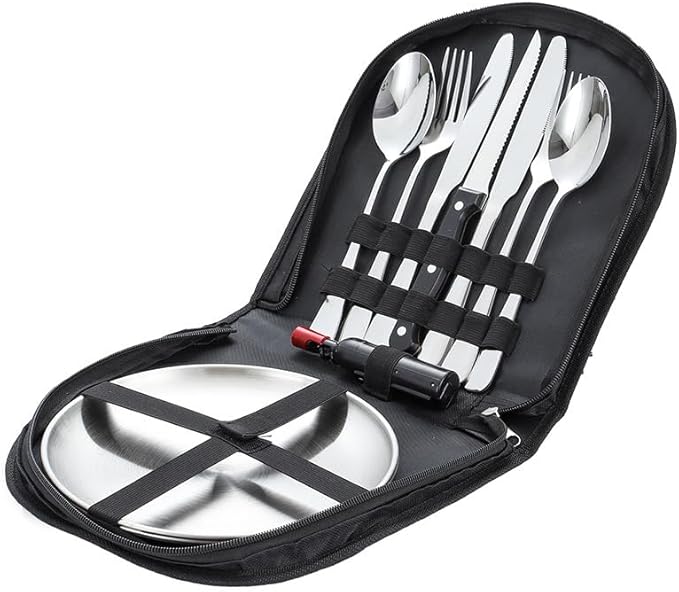 Silverware Flatware Cutlery Set, 304 Stainless Steel Outdoor Camping Tableware Set for Two, Wooden Handle Knife, Fork, Spoon, Steak Clip, Bottle Opener,Silver-10Set