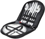 Silverware Flatware Cutlery Set, 304 Stainless Steel Outdoor Camping Tableware Set for Two, Wooden Handle Knife, Fork, Spoon, Steak Clip, Bottle Opener,Silver-10Set