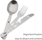 4-in-1 Camping Utensils Hiking Cutlery Set for 4, Portable Stainless Steel Flatware Spoon Fork, Knife & Bottle Opener Combo pack for Picnic Travel, Barbecue, Backpack Outdoor Gear with Carrying Bag