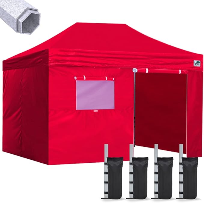 Eurmax USA Premium 10'x15' Pop-up Canopy Tent Party Tent Commercial Instant Canopies Shelter with Removable Sidewalls with Wheeled Carry Bag Bonus 4 Sand Bags(Red)