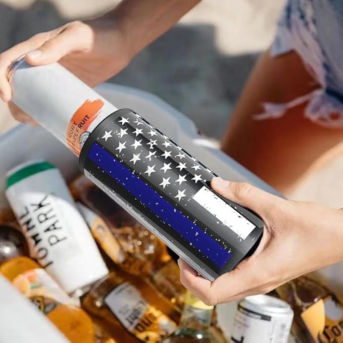 TILUCK Skinny Can Cooler for Slim Beer & Hard Seltzer, Stainless Steel, Doucle-Walled Stainless Steel Insulated Slim Cans, Standard 12 oz (Black U.S. Flag)