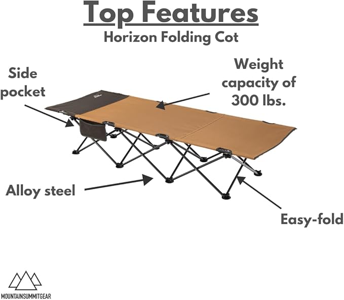 MOUNTAIN SUMMIT GEAR Horizon Cot, Foldable Camping Cot for Children & Adults, Durable Sleeping Pad with Steel Frame That Holds 300 lbs, Folding Bed Includes Side Storage (by Caddis Sports)