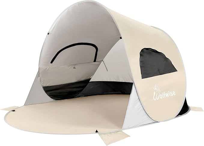Wolfwise Pop up Beach Tent Sun Shelter with UPF50+ UV Protection, Instant Easy Setup Popup Beach Shade Canopy for 3 Person, Portable & Foldable with Carring Bag, 87 ×57×47 in, Beige