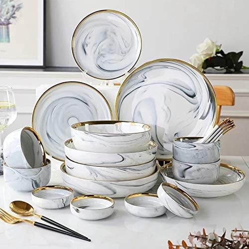 GaRcan Dinner Plate Marble Ceramic Plates Gold Inlay Steak Plate Nordic Style Tableware Bowl Dessert Dinner Dish for Kitchen Dinnerware Set