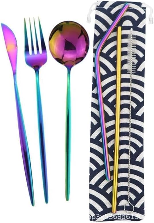 6/24/36/48/60/72 Pieces Stainless Steel Travel Camping Portable Tableware Set Straw Table Knife Spoon Fork Cleaning Brush Storage Bag(Rainbow,1Set-6Pcs)