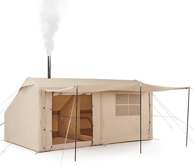 Large Luxury Inflatable Camping Tent Cotton Canvas Tent, Breathable and Waterproof Air Tent with Skylight and Stove Jack Hole for for 4-6-8-10 Person Family Camping