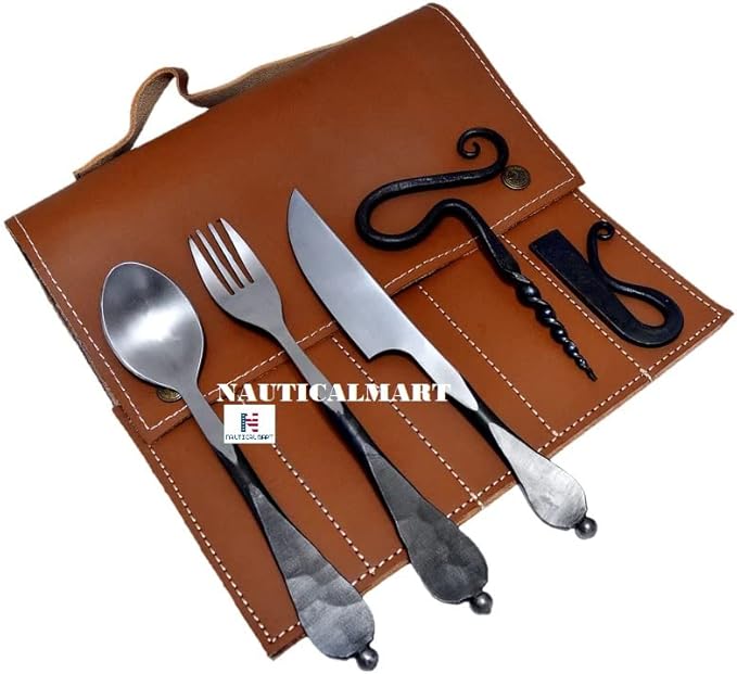 Nautical-Mart Medieval Five-Piece Cutlery Set (Hand Forged Dinning Set, Carbon Steel, 5 Pieces, Knife, Fork, Spoon, Bottle Opener, Fire Striker Steel, Leather Pouch)