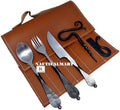 Nautical-Mart Medieval Five-Piece Cutlery Set (Hand Forged Dinning Set, Carbon Steel, 5 Pieces, Knife, Fork, Spoon, Bottle Opener, Fire Striker Steel, Leather Pouch)