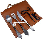 Nautical-Mart Medieval Five-Piece Cutlery Set (Hand Forged Dinning Set, Carbon Steel, 5 Pieces, Knife, Fork, Spoon, Bottle Opener, Fire Striker Steel, Leather Pouch)