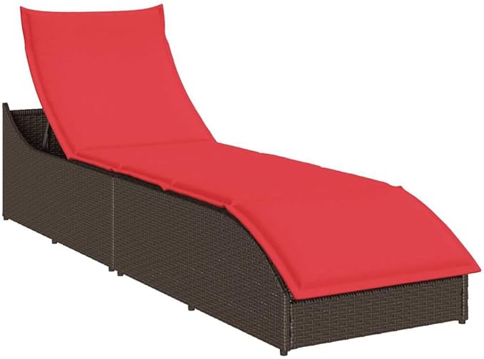 Folding Sun Lounger with Cushion and Storage Brown Poly Rattanpatio Recliner Camping Chairs Tanning chairSuitable for Garden Courtyard