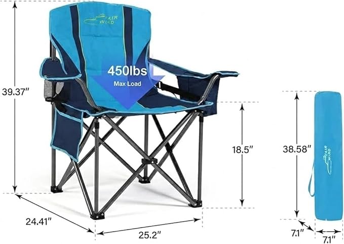 FAIR WIND Heavy Duty Camping Chair, Oversized Padded Folding Chair for Big and Tall (450lbs), Extra Wide Seat with Integrated Cooler & Storage Pocket, Adjustable Lumbar Support for Outdoor