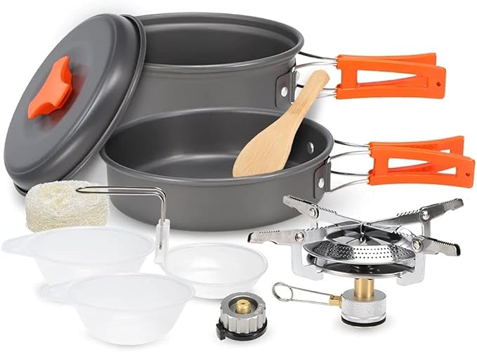 Lightweight Aluminum Alloy Camping Pot Hiking Picnic Tourist Tableware Set Outdoor Stove Pot Pan Plastic Bowl Outdoor Cookware(Color:E)
