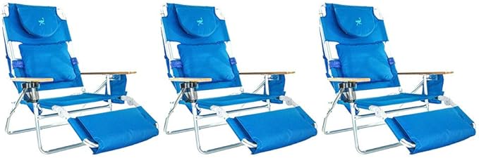Ostrich Deluxe Padded 3-N-1 Outdoor Lounge Reclining Beach Chair, Blue (3 Pack)