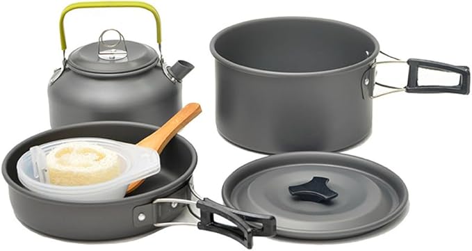 Outdoor Camping Cookware Kit Aluminum Portable Nonstick Cooking Water Kettle Pot Pan Set for Hiking Picnic BBQ Tableware,Black,A-Black-A