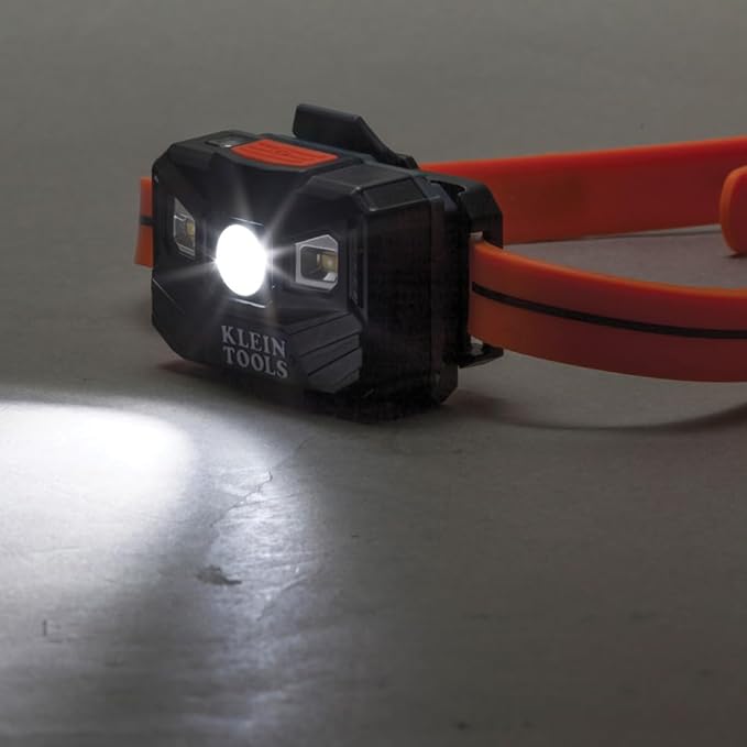 Klein Tools 56064 Rechargeable Auto-Off LED Headlamp, Silicone Strap, 400 lms, All-Day Runtime, for Work, Running, Outdoor Hiking, Camping