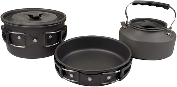 3pcs/Set Outdoor Camping Hiking Cookware Utensils 2-3 People Portable Travel Picnic Teapot Pot Frying Pan Cooking Tableware (Color : A) (C)
