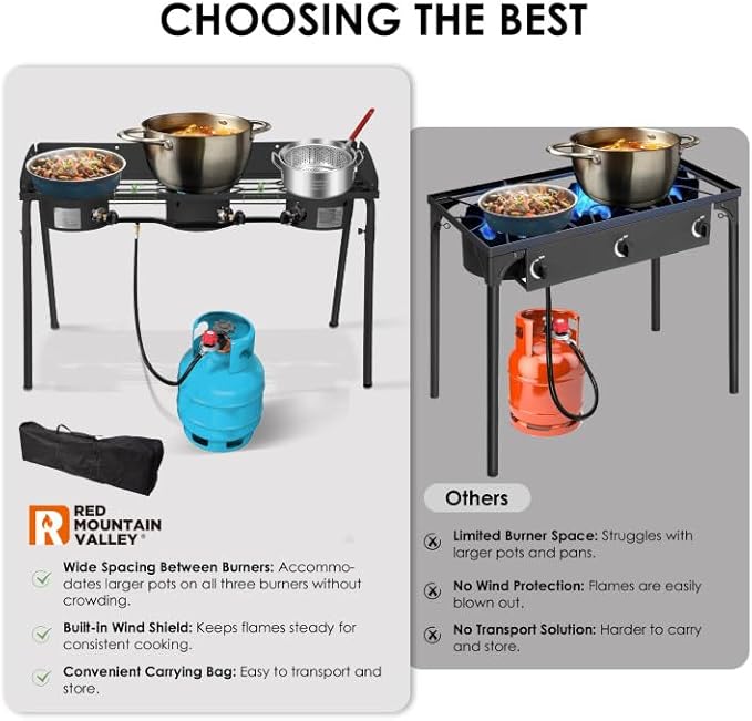 Red Mountain Valley Three Burner Outdoor Portable Camping Gas Stove with Removable Legs, Portable Bag and Windshield, Camping Stove Propane for Cooking, CSA Certified, Outdoor Propane Burner