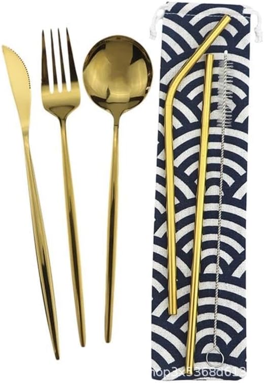 6/24/36/48/60/72 Pieces Stainless Steel Travel Camping Portable Tableware Set Straw Table Knife Spoon Fork Cleaning Brush Storage Bag(Gold,12Set-72Pcs)