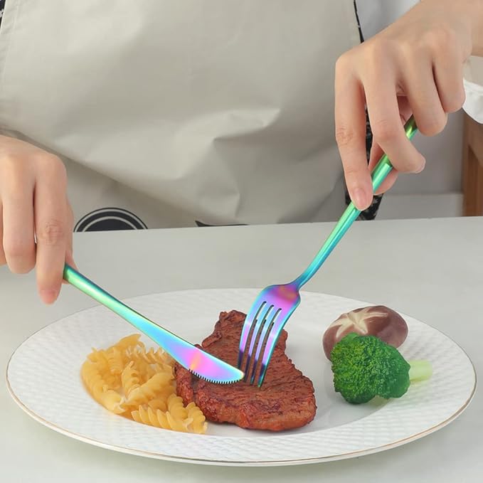 Dinner Plates Set with knife, fork，spoon,Stainless steel tableware，colourful metal dessert salad and steak plate, Services for 4,dinner camping, unbreakable & reusable (11.8inch)