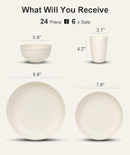 Quatish 24 Piece Plates and Bowls Sets for 6, Unbreakable Dinnerware Sets, Plastic Dish Set for Camping, Dishwasher Microwave Safe, Outdoor Kitchen and Apartment Dinning RV Essentials, Beige