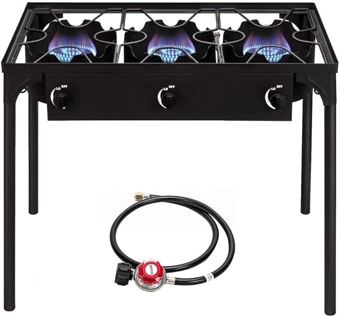 Bonnlo 3 Burner Outdoor Portable Propane Stove Gas Cooker, Heavy Duty Iron Cast Patio Burner with Detachable Stand Legs for Camp Cooking (3-Burner 225,000-BTU)