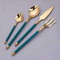 24pcs gold flaware set for 6,stainless steel silverware set,Tableware Sets for 6 Including Forks Spoons Knives, Gold knife and fork long white handle Camping Silverware Travel Utensils Set Cutlery