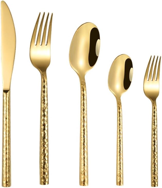 Silverware Flatware Cutlery Set， 5/20/30/40 Pieces Hammered Stainless Steel Steak Knives， Forks and Spoons，Gold-6Set-30Pcs