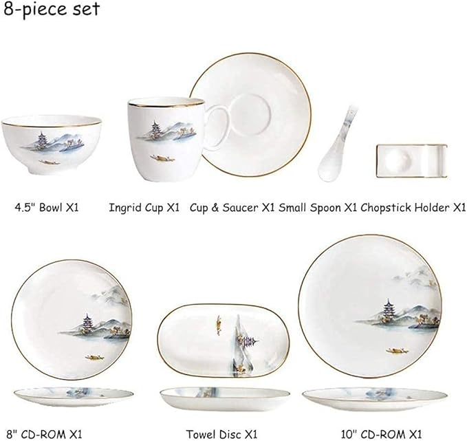 GaRcan Dinner Setspottery Tableware,8 Pieces Landscapeing Porcelain Dinnerware Set Ceramic Plate Combination Sets Dinner Plate Dessert