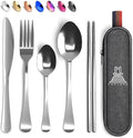 Portable Travel Silverware Set With Case, Includes 5 Pcs of Travel Utensils With Case, Stainless Steel Flatware Set For Camping, Easy to Travel, Lightweight (Silver), Medium, TL-05S