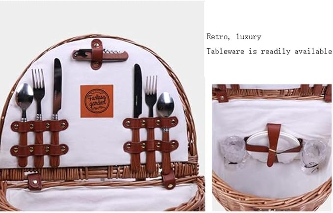 Outdoor Camping Picnic Basket, Pull Rod Type Multifunctional Roller Rattan Basket, Picnic Hamper with Tableware