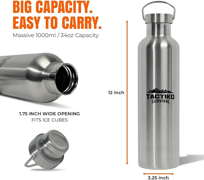 Tactiko Survival 1000ml / 34 oz Insulated Stainless Steel Wide Mouth Water Bottle, Double Wall Insulation - Leakproof, BPA-Free with Cleaning Brush for Camping, Hiking, Outdoor Prep