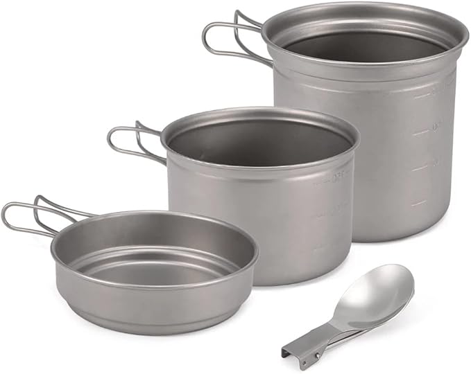 Titanium Camping Cookware Set 1000ml Pot Pan Spoon Set for Outdoor Hiking Backpacking Picnic Cooking Equipment Tableware (Color : A, Size : 4PCS)