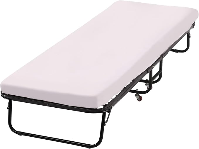 Folding Guest Bed with Wheels Portable Bed Extra Roll Away Foldable 3.9 Inch Comfort Foam Mattress Strong Sturdy Heavy Duty Frame for Home Restaurant, White