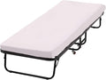 Folding Guest Bed with Wheels Portable Bed Extra Roll Away Foldable 3.9 Inch Comfort Foam Mattress Strong Sturdy Heavy Duty Frame for Home Restaurant, White