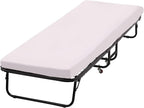 Folding Guest Bed with Wheels Portable Bed Extra Roll Away Foldable 3.9 Inch Comfort Foam Mattress Strong Sturdy Heavy Duty Frame for Home Restaurant, White