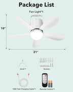 21” Ceiling Fan Light, Portable Battery Operated Gazebo Fan with Remote Control & Fast Charging Cable, Rechargeable Wireless Camping Fan Outside, for Outside Tent Porch Canopy Pergola RV