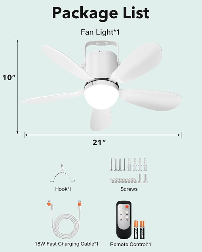 21” Ceiling Fan Light, Portable Battery Operated Gazebo Fan with Remote Control & Fast Charging Cable, Rechargeable Wireless Camping Fan Outside, for Outside Tent Porch Canopy Pergola RV