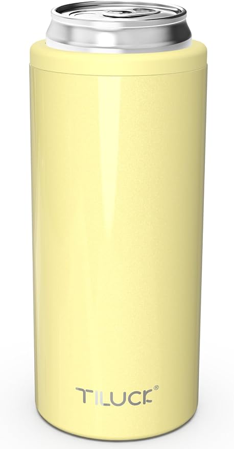 TILUCK Skinny Can Cooler for Slim Beer & Hard Seltzer, Stainless Steel, Doucle-Walled Stainless Steel Insulated Slim Cans, Standard 12 oz (Lemon)