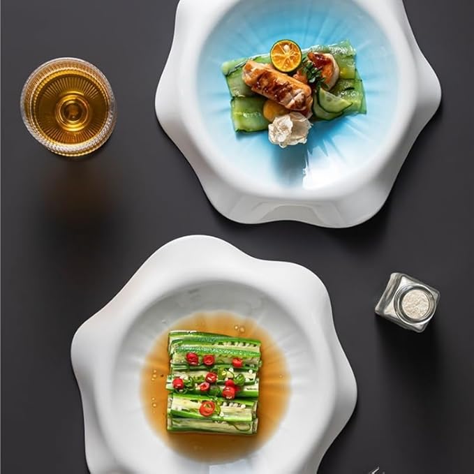 Camping Plates Western Food Plate Simple Irregular Ceramic Household Underglaze Color Round Dish Commercial Hotel Restaurant Tableware Decorative Plate(B,Large)