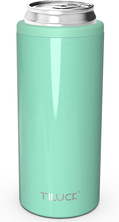 TILUCK Skinny Can Cooler for Slim Beer & Hard Seltzer, Stainless Steel, Doucle-Walled Stainless Steel Insulated Slim Cans, Standard 12 oz (Glitter Aqua)