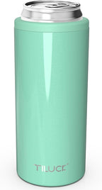 TILUCK Skinny Can Cooler for Slim Beer & Hard Seltzer, Stainless Steel, Doucle-Walled Stainless Steel Insulated Slim Cans, Standard 12 oz (Glitter Aqua)