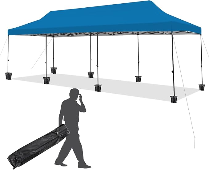 EROMMY 10x30 Pop Up Canopy Tent, Commercial Instant Canopy Heavy Duty with Roller Bag, 8 Sand Bags, 8 Wind Ropes & Ground Nails, Outdoor Canopies for Events, Parties and Camping, Blue