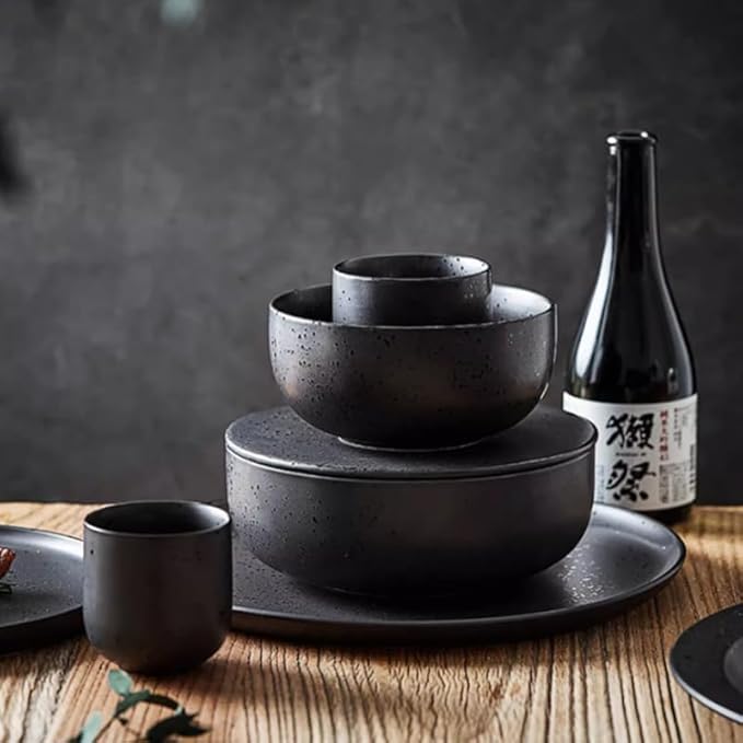 Camping Plates Japanese Style Black Breakfast Tableware Creative Set Bowls and Plates Home Steak Western Flat Salad Decorative Plate(7PCS)
