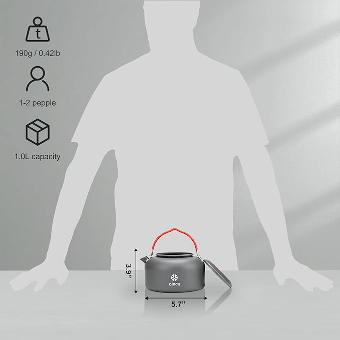 Alocs 1.4L Kettle Teapot, Portable Camping Coffee Pot, Hard-Anodized Aluminum Camping Kettle, Compact Tea Kettle for Stove Top, Outdoor, Hiking, Camping, Picnic and Traveling